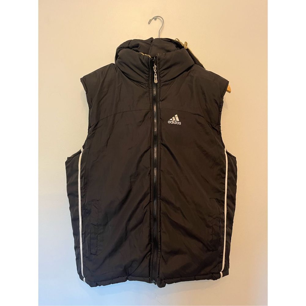 Adidas Reservable Black/Tan Puffer Vest Zipped Attached Hood Size L Climate
